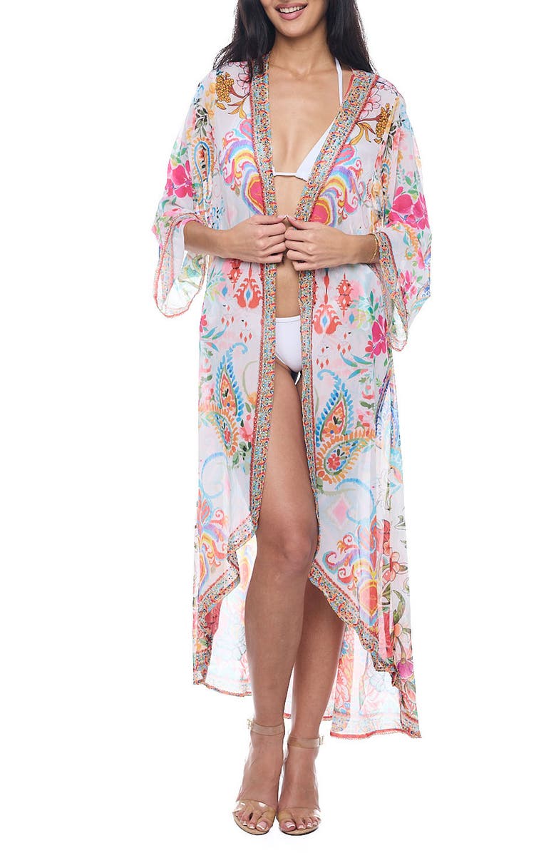 RANEES Floral Beaded Chiffon Duster, Main, color, White