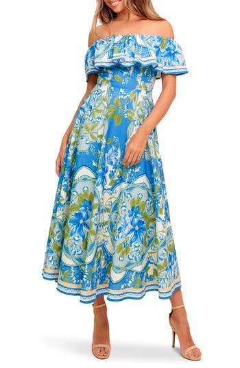 Flying Tomato Floral Off The Shoulder Midi Dress In Blue