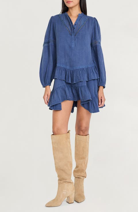 Ruffle Lace Trim Long Sleeve Denim Minidress