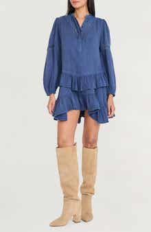The Good Journey Ruffle Lace Trim Long Sleeve Denim Minidress