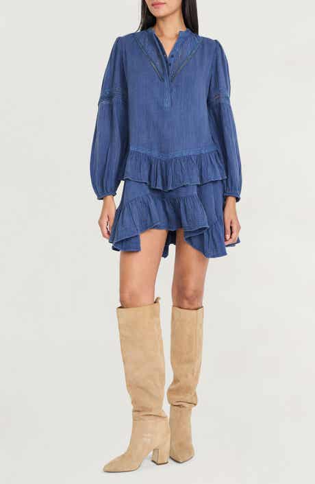 The Good Journey Ruffle Lace Trim Long Sleeve Denim Minidress