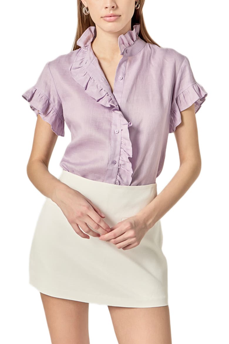 Ruffle Trim Linen Button-Up Shirt, Main, color, LILAC