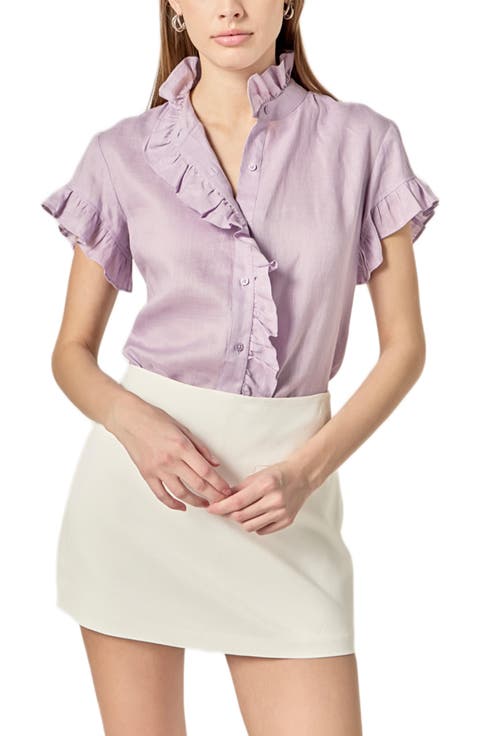 Ruffle Trim Linen Button-Up Shirt