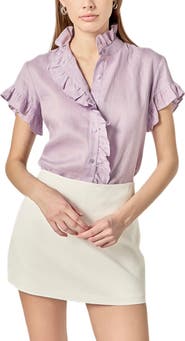 English Factory Ruffle Trim Linen Button-Up Shirt