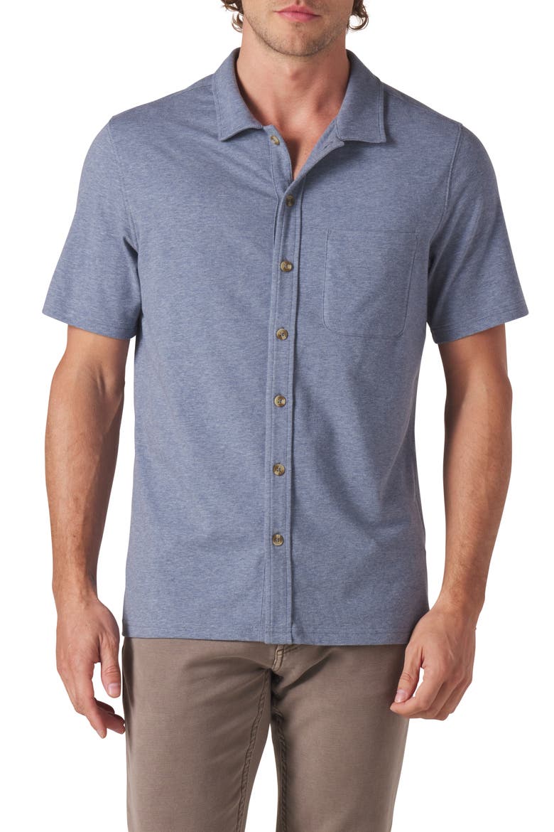 Puremeso Solid Short Sleeve Knit Button-Up Shirt, Main, color, LAKE BLUE