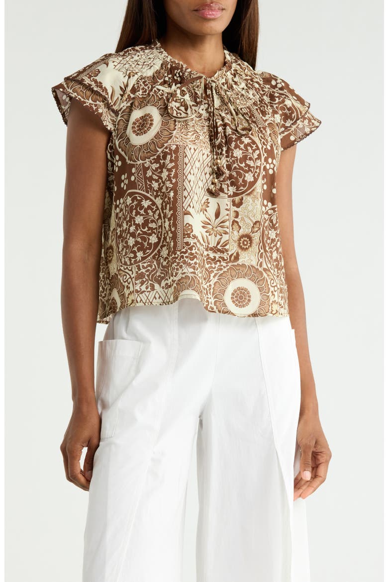 Ruffle Sleeve Gathered Neck Top, Main, color, BROWN TONAL PRINT