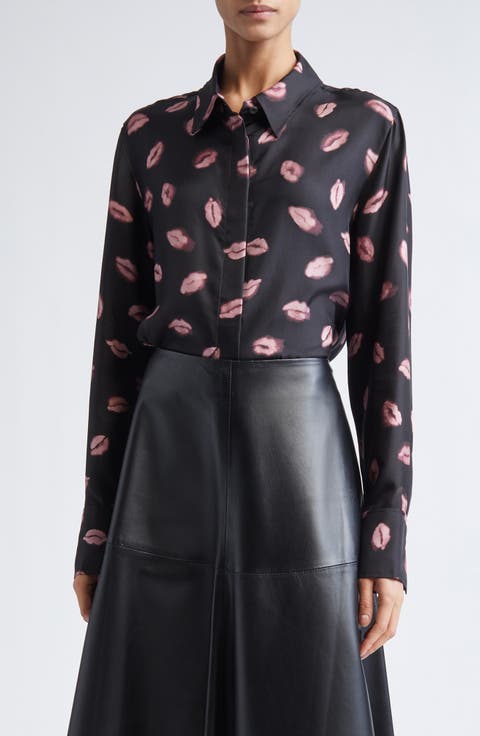 Chika Kisses Print Silk Chiffon Button-Up Shirt