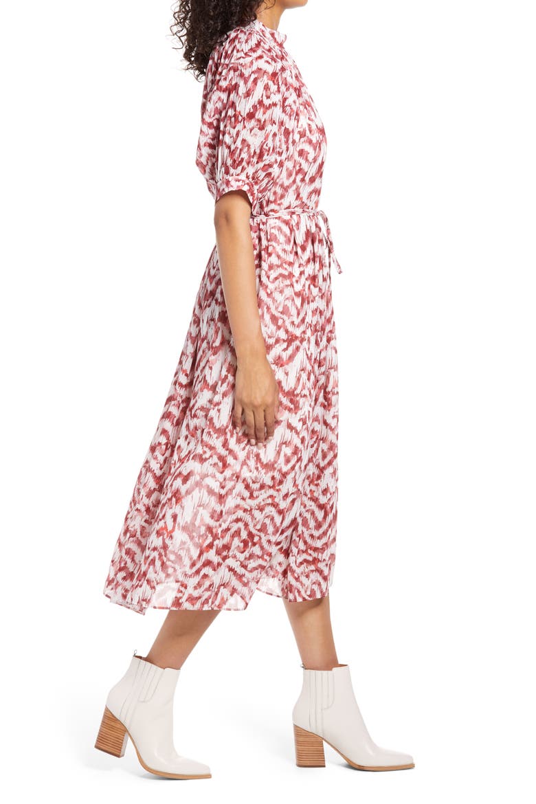 Puff Sleeve Pleated Midi Dress, Alternate, color, SOFT WHITE/ RAISIN