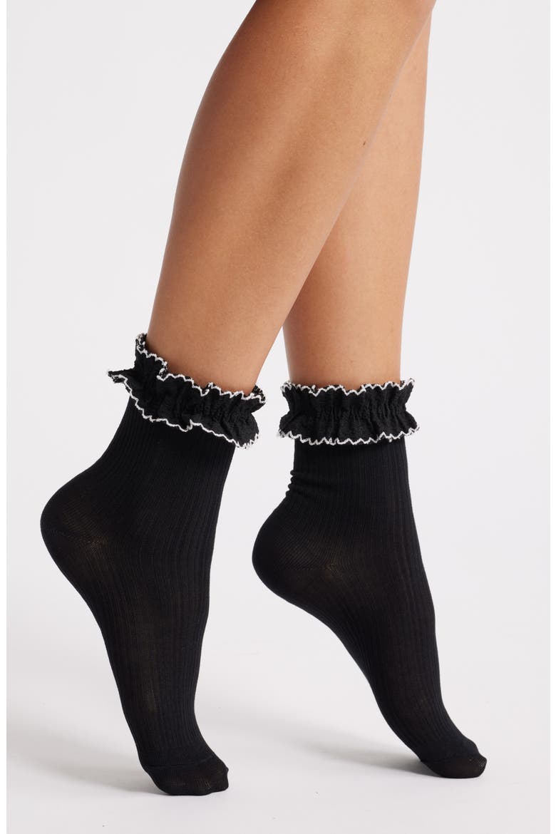 Frilly Cuff Crew Socks, Main, color, NERO
