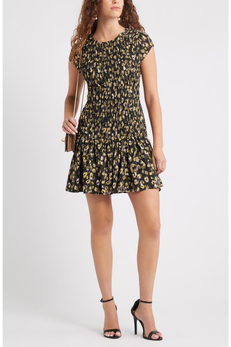Smocked Minidress, Main, color, OLIVE ANIMAL FLEUR