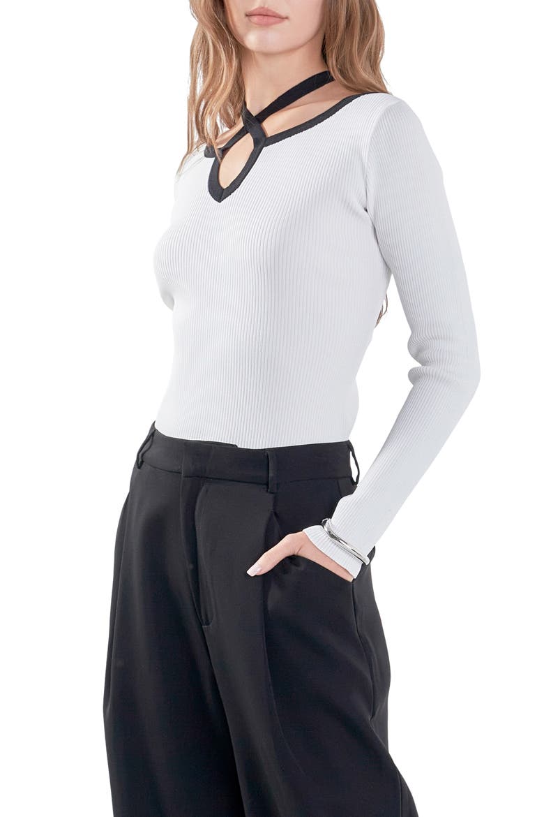 Cutout Cross Neck Long Sleeve Top, Alternate, color, IVORY/ BLACK