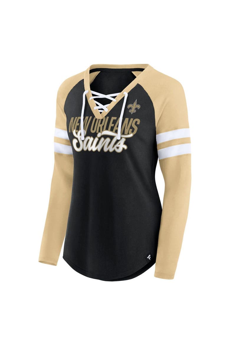 Women's Fanatics Branded Black/Gold New Orleans Saints True to Form Raglan Lace-Up V-Neck Long Sleeve T-Shirt, Alternate, color, Black