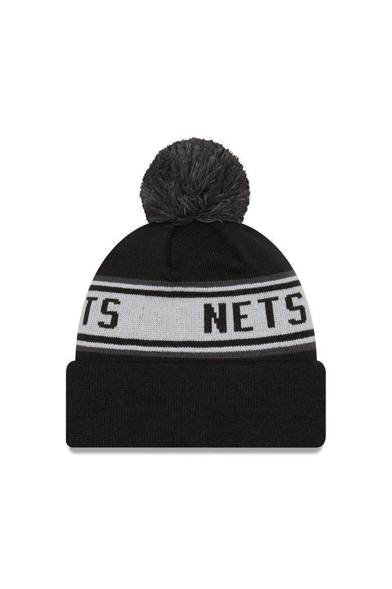 Men's New Era Black Brooklyn Nets Repeat Cuffed Knit Hat with Pom, Alternate, color, Black