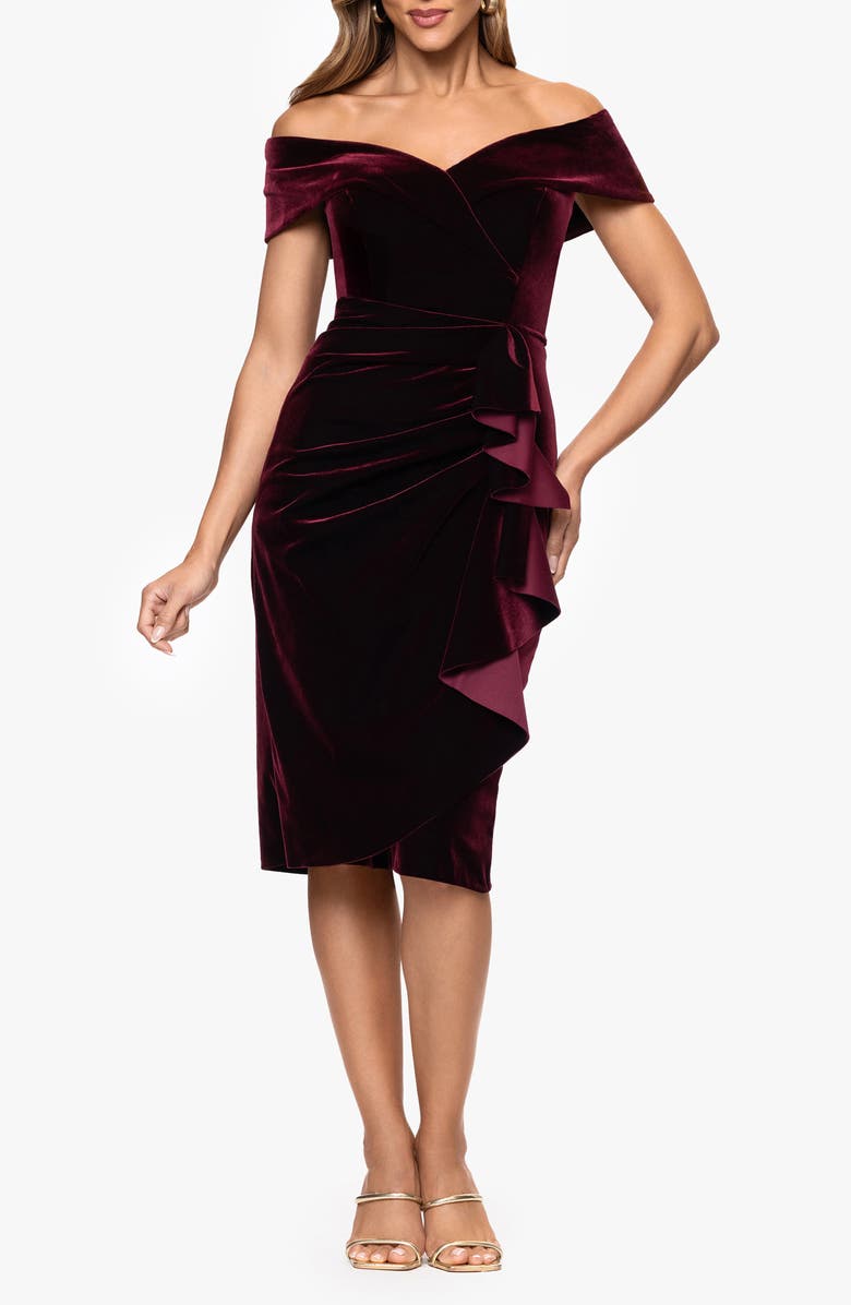 Xscape Evenings Ruched Ruffle Off the Shoulder Velvet Cocktail Dress, Main, color, Burgundy