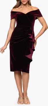 Xscape Evenings Ruched Ruffle Off the Shoulder Velvet Cocktail Dress