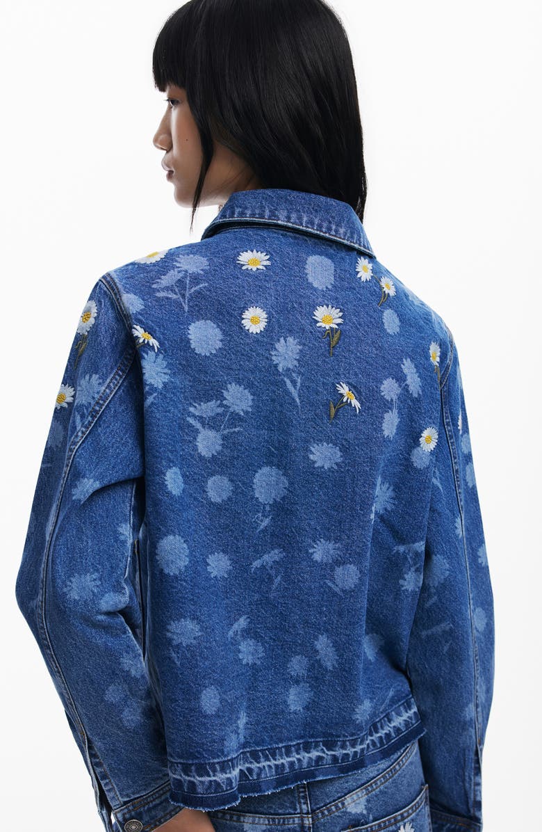 Desigual Floral Embroidered Denim Trucker Jacket, Alternate, color, Medium Blue