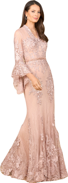 LARA New York Lace, V Neck, Long Bell Sleeve Gown
