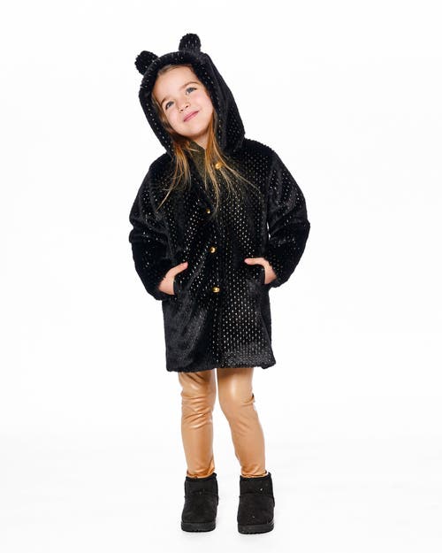 Deux Par Deux Bear Faux Fur Coat With Gold Polka Dots In Black