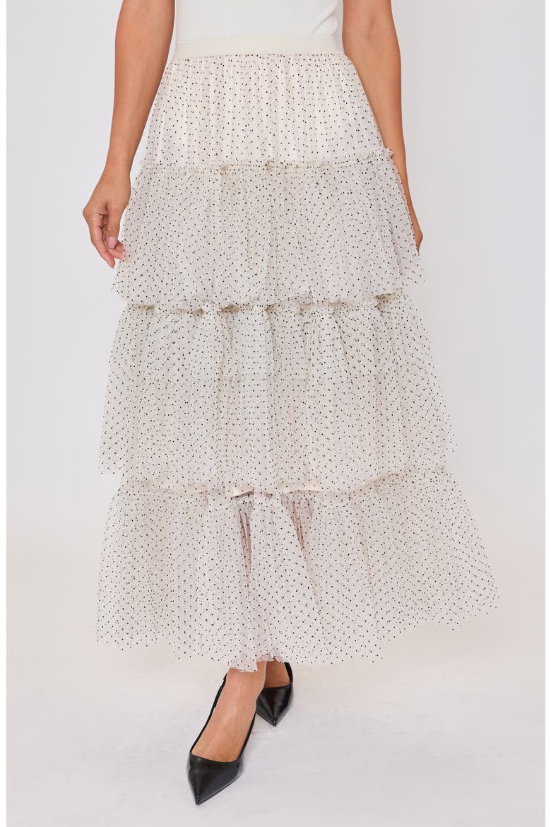 Jessica Dot Print Tiered Mesh Maxi Skirt, Alternate, color, CREAM/ BLACK