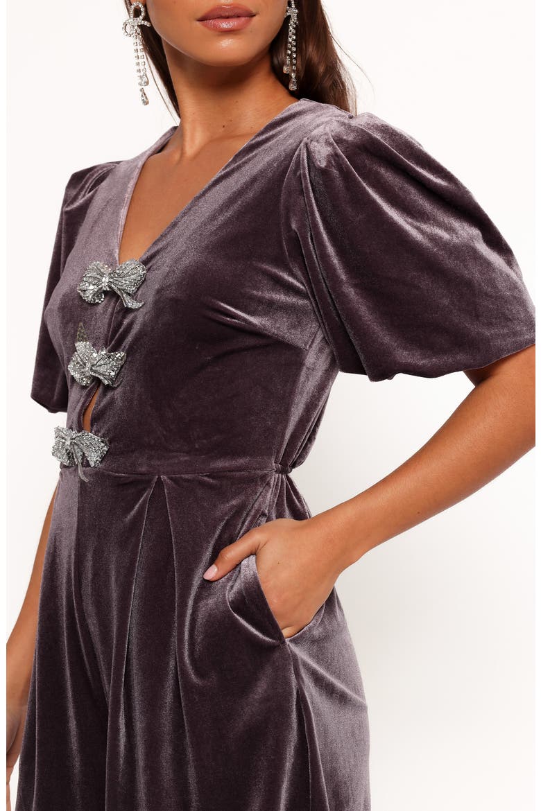 Norah Rhinestone Bow Embellished Velveteen Romper, Alternate, color, DARK PURPLE