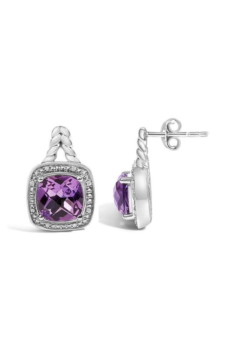 Sterling Silver Cushion Cut Amethyst and Diamond Accent Halo Drop Earrings, Alternate, color, Silver