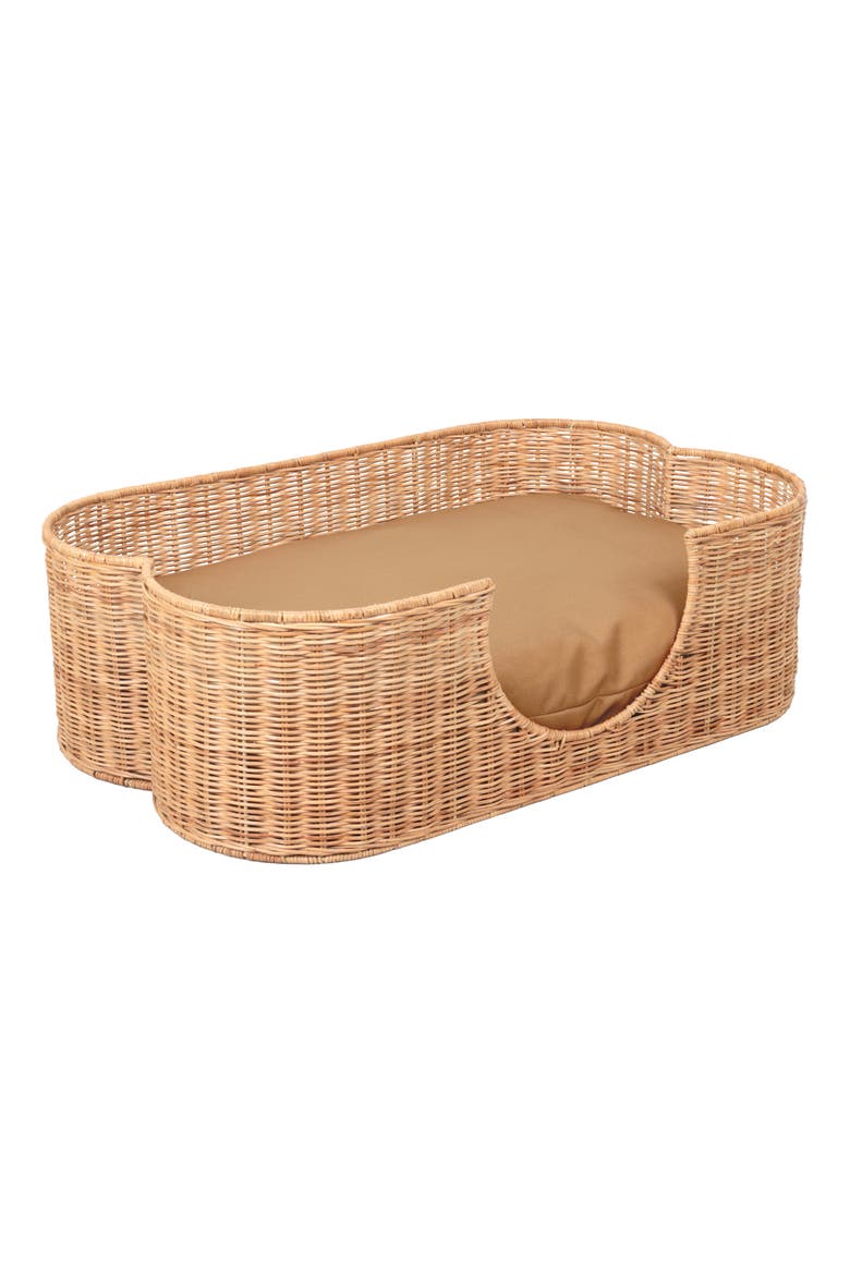 Scallop Tropical Handwoven Rattan Pet Bed with Machine Washable Cushion, Alternate, color, Light Brown