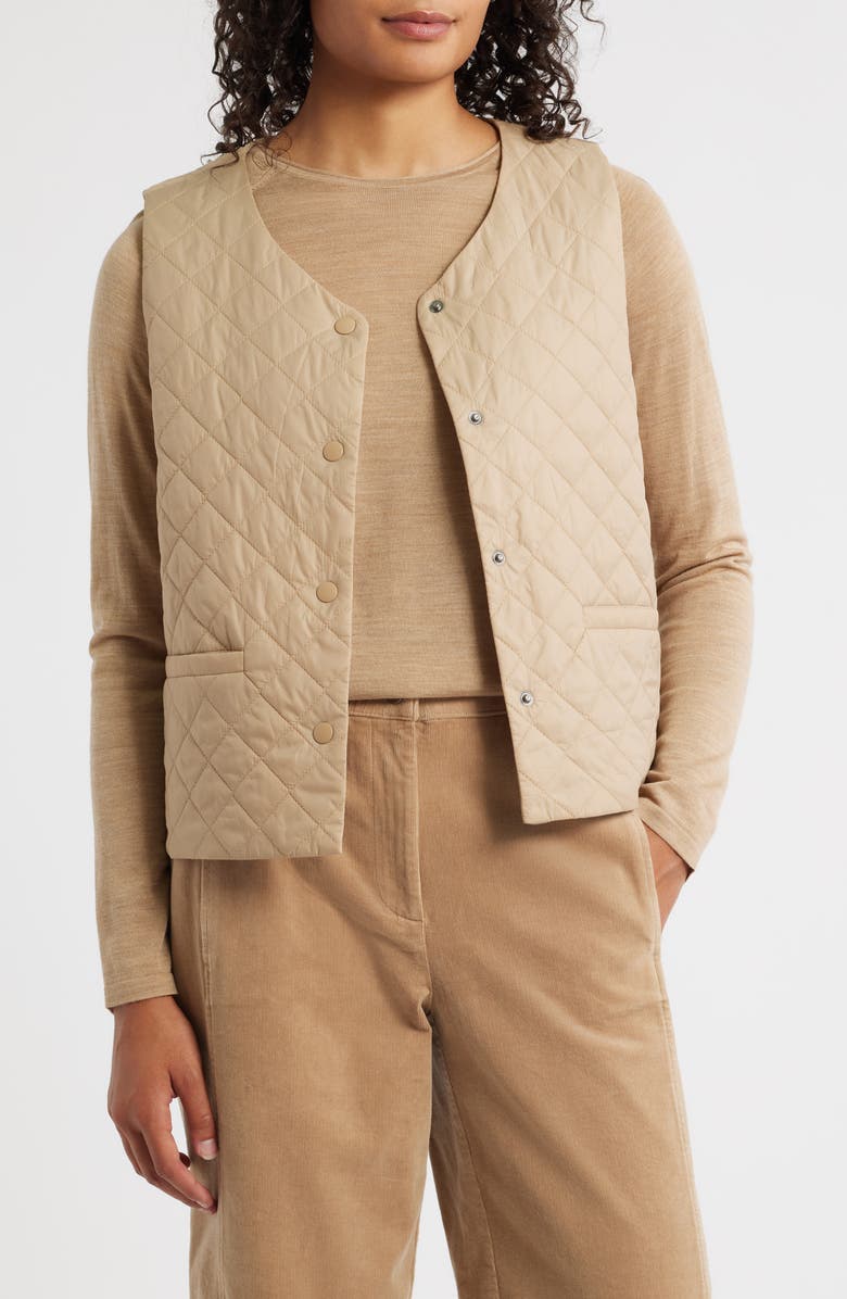 Eileen Fisher V-Neck Quilted Vest, Main, color, Biscuit
