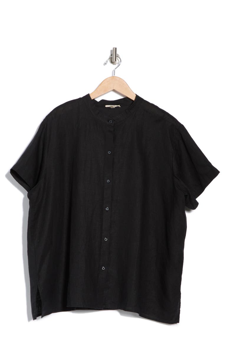 Eileen Fisher Band Collar Short Sleeve Organic Linen Button-Up Shirt, Alternate, color,