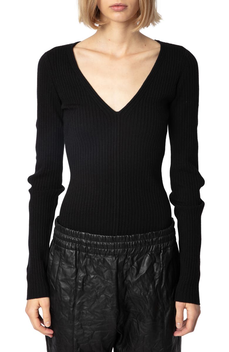 Zadig & Voltaire Syla Cutout Merino Wool Blend Rib Sweater, Main, color, 