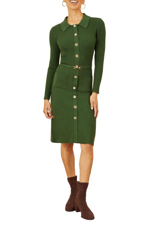 Yumi Belted Rib Knit Midi Dress With Pockets In Green