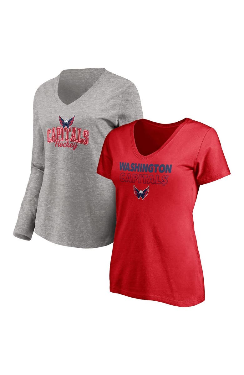 FANATICS Women's Fanatics Branded Red/Heathered Gray Washington Capitals Short Sleeve & Long Sleeve V-Neck T-Shirt Combo Pack, Main, color, 