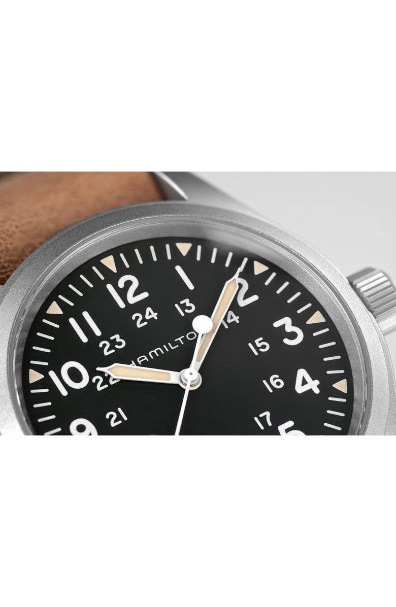 Hamilton Khaki Field Leather Strap Watch, 38mm, Alternate, color, Brown/ Black/ Silver