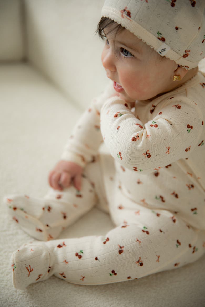 Cherry Pointelle Scalloped Edge Romper and Hat Set, Alternate, color, White