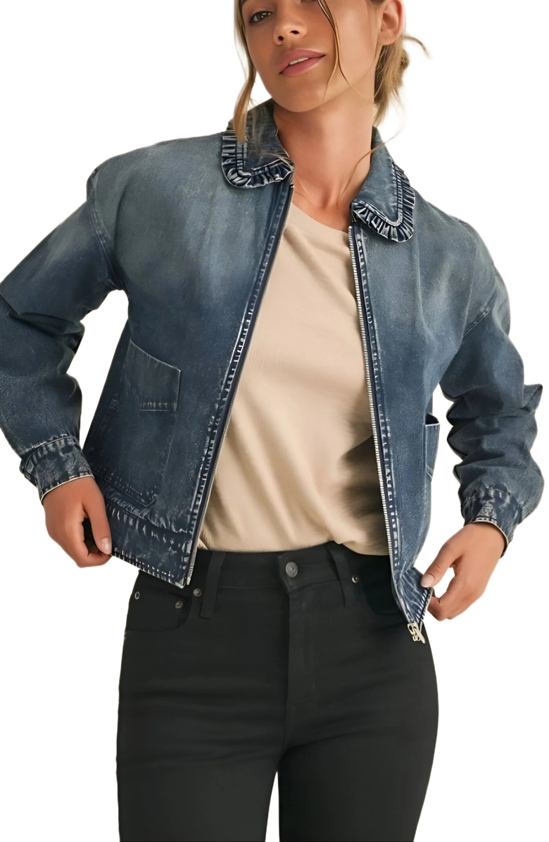 Knit and Lounge Cropped Zip-Front Denim Jacket, Alternate, color, 
