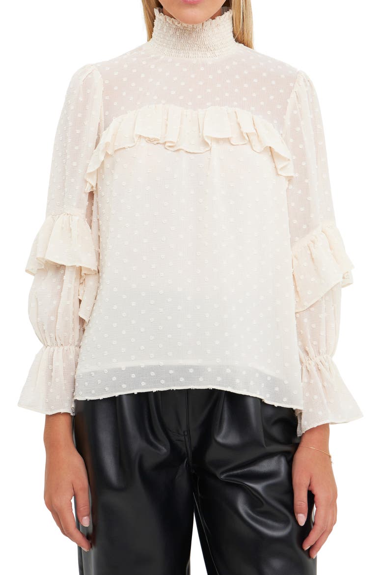 Swiss Dot Ruffle Chiffon Top, Alternate, color, IVORY