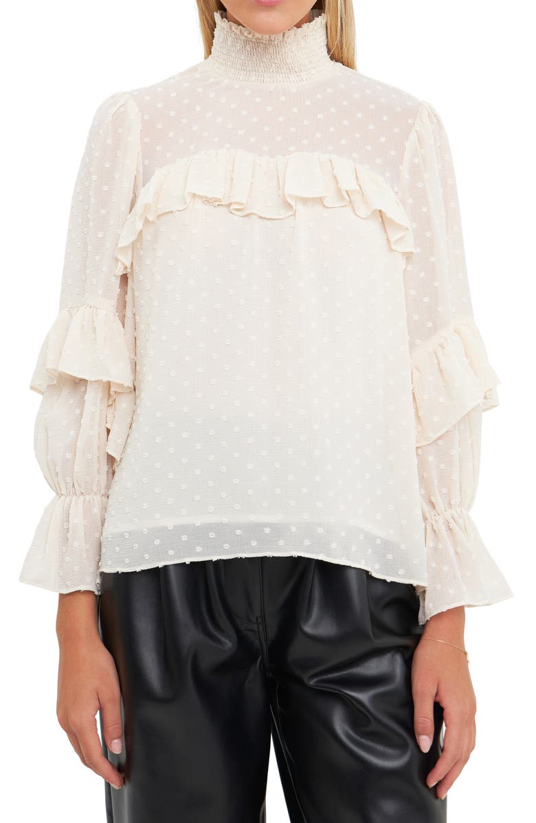 English Factory Swiss Dot Ruffle Chiffon Top, Alternate, color, 