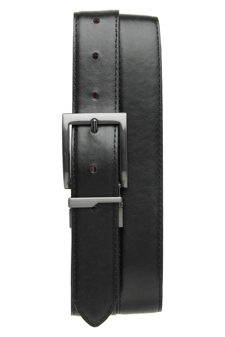 Square Buckle Leather Belt, Alternate, color, BLACK/ COGNAC