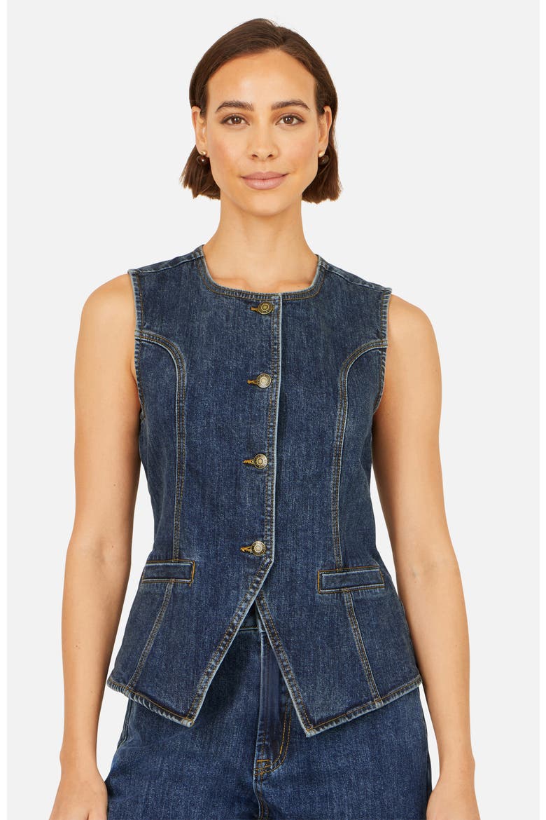 Stretch Long Denim Waistcoat, Alternate, color, Blue