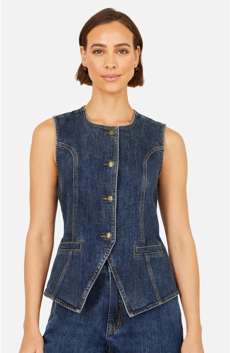 Yumi Stretch Long Denim Waistcoat, Alternate, color, Blue