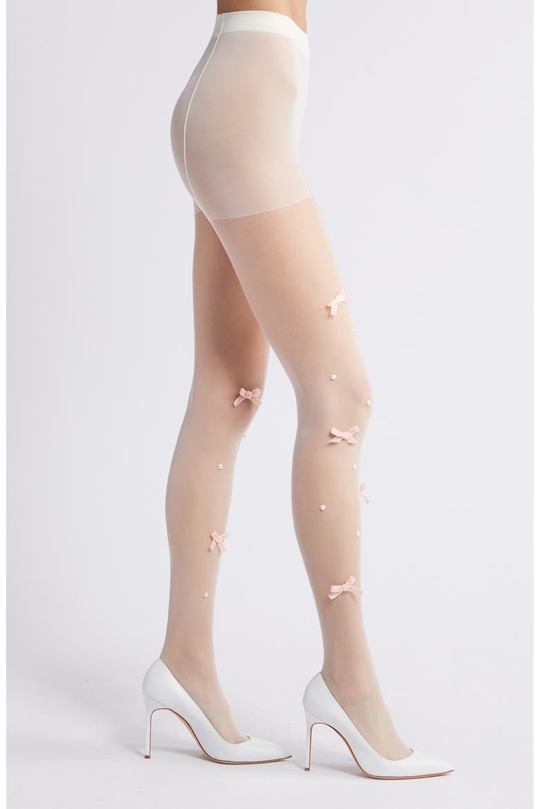 Nevermore Peek Bow Embellished Sheer Tights, Alternate, color, WHITE