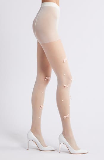 Nevermore Peek Bow Imitation Pearl Sheer Tights