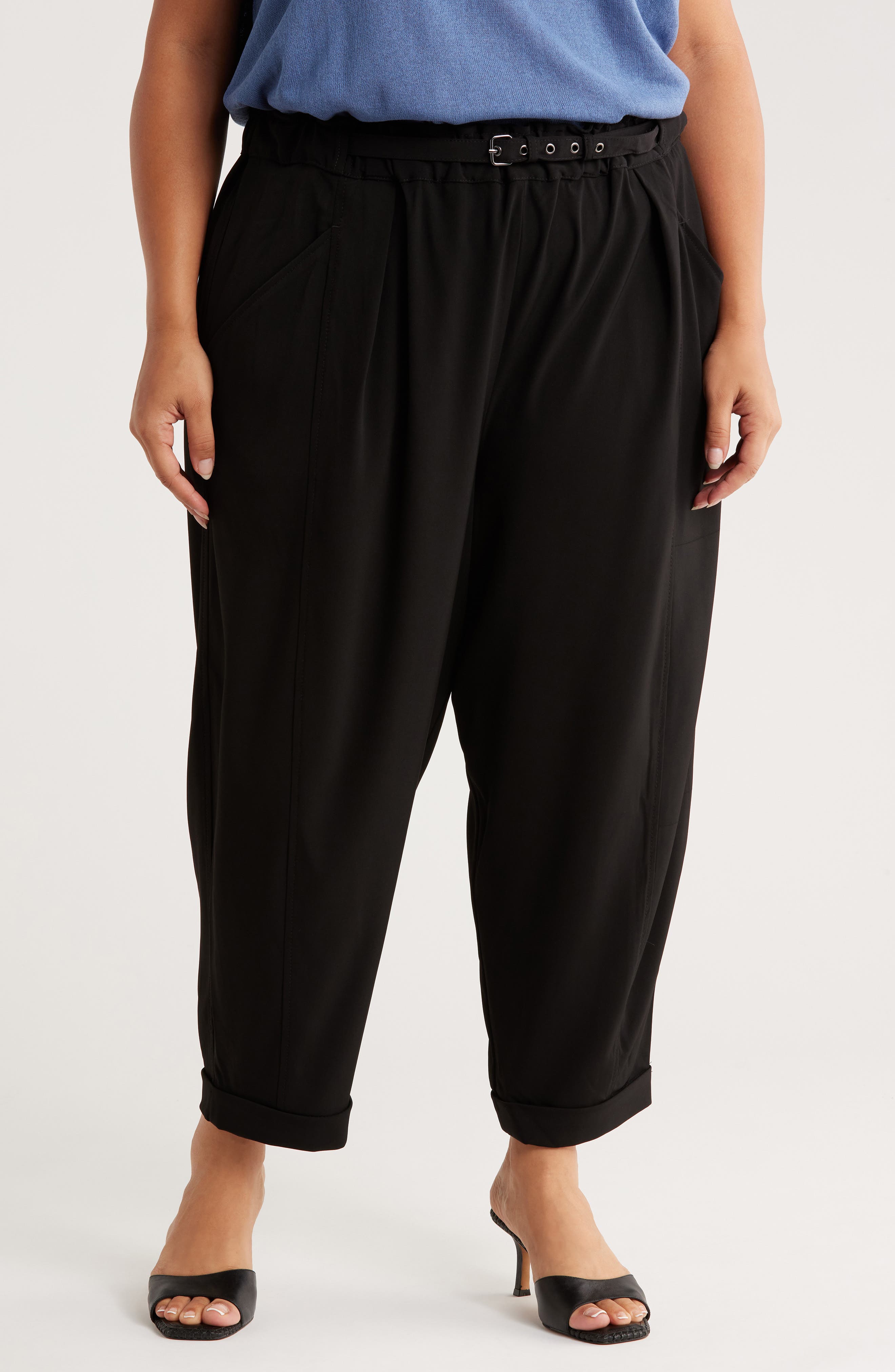 MAX STUDIO Belted Twill Crop Barrel Leg Pants