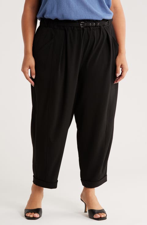 Belted Twill Crop Barrel Leg Pants (Plus)