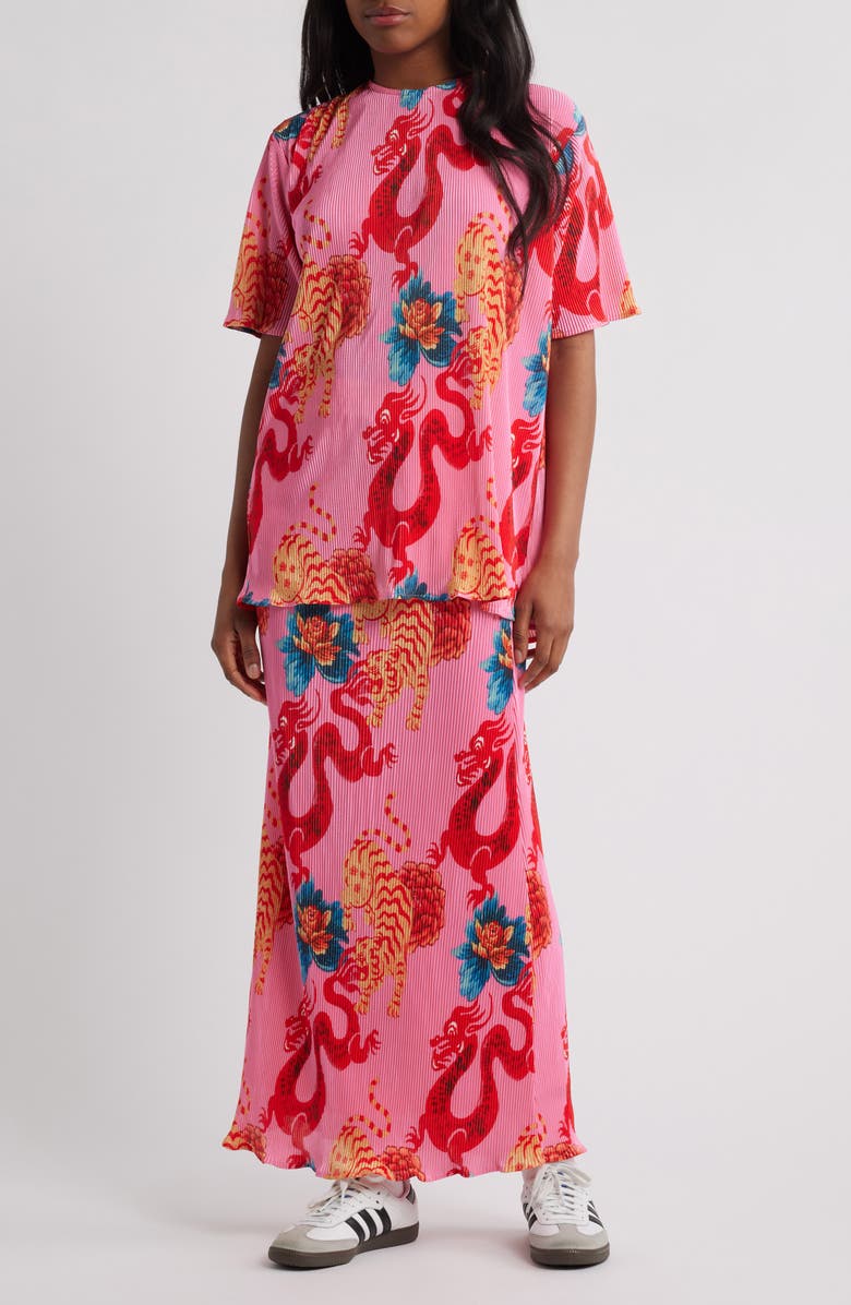 Dressed in Lala Grunge Girl Oversize Plissé Top & Maxi Skirt Set, Main, color, Pink Dragon