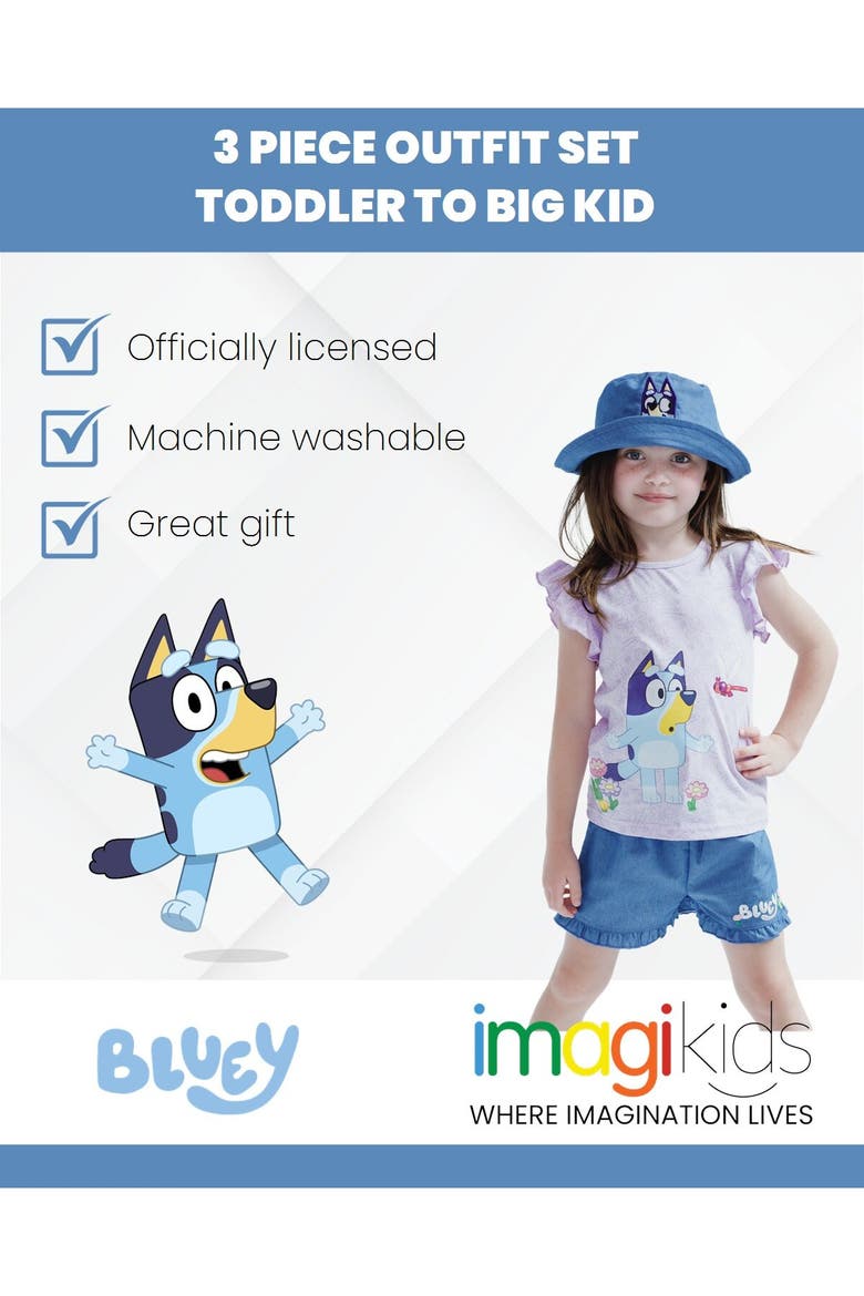 3-Piece Top Shorts and Hat Set, Alternate, color, Bluey Lilac Chambray