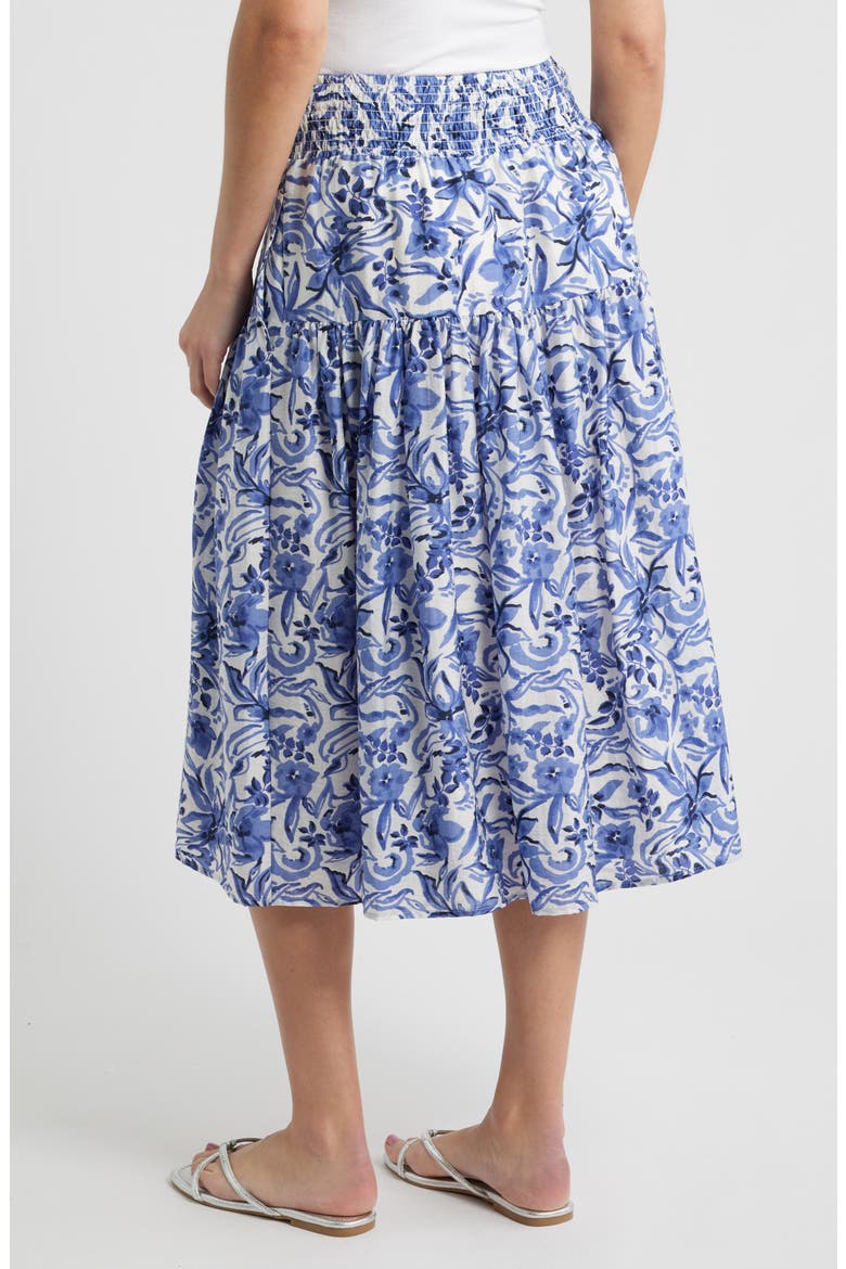 Tiered Print Midi Skirt, Alternate, color, IVORY- NAVY DAISY GARDEN