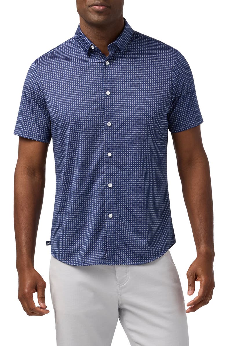 Mizzen+Main Halyard Trim Fit Geo Pattern Short Sleeve Button-Up Shirt, Main, color, Midnight Navy Circle Dash