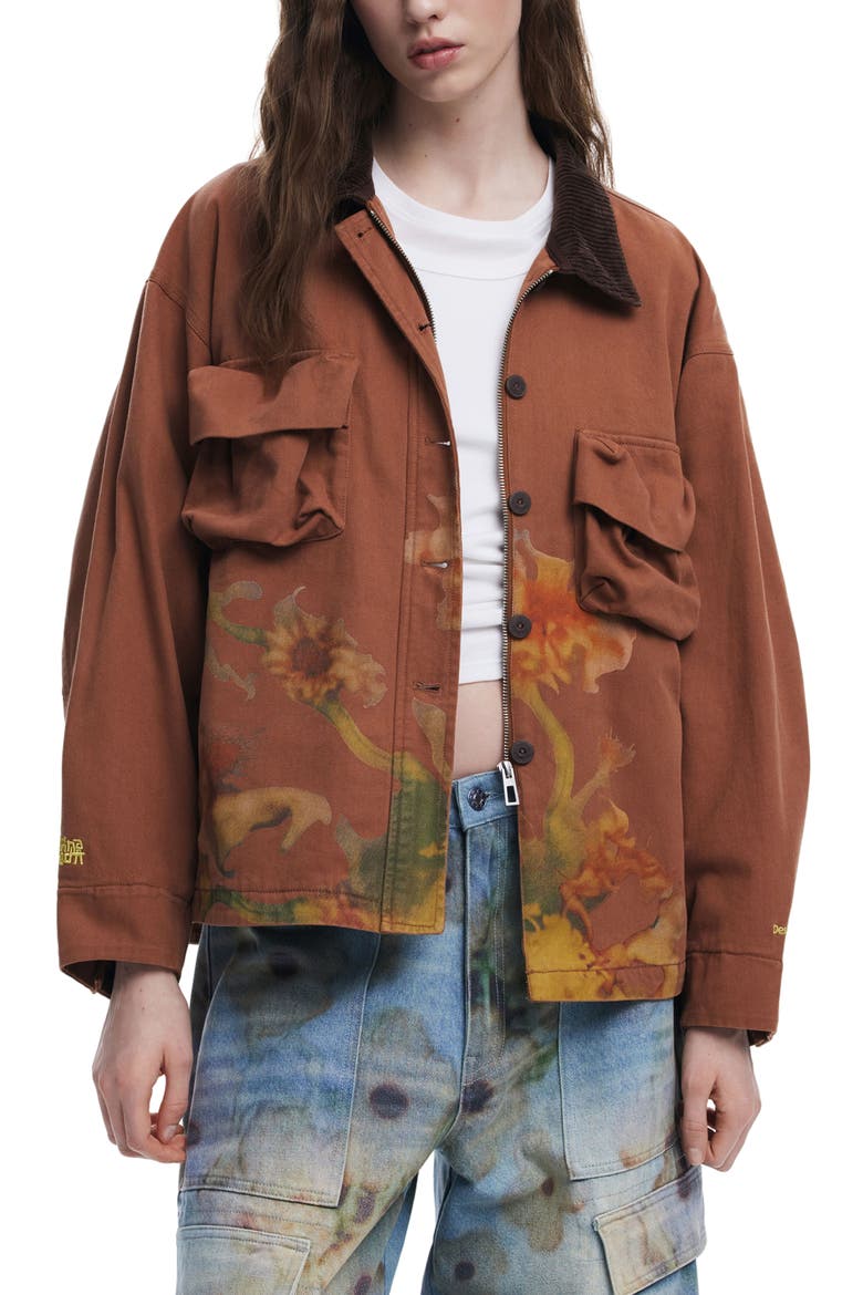x Collina Strada Floral Print Trucker Jacket, Main, color, KHAKI