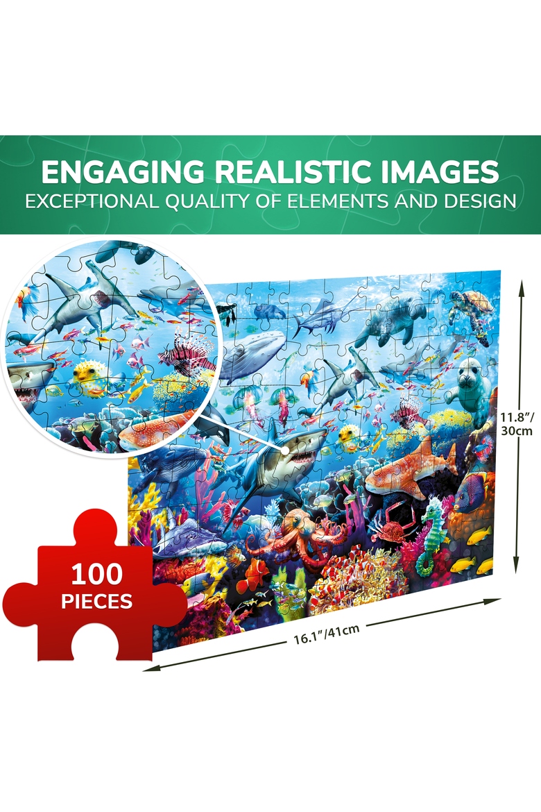 Kids Jigsaw Puzzle Set - Illustrated 100-Piece Puzzles with Educational Themes, Alternate, color, Ocean