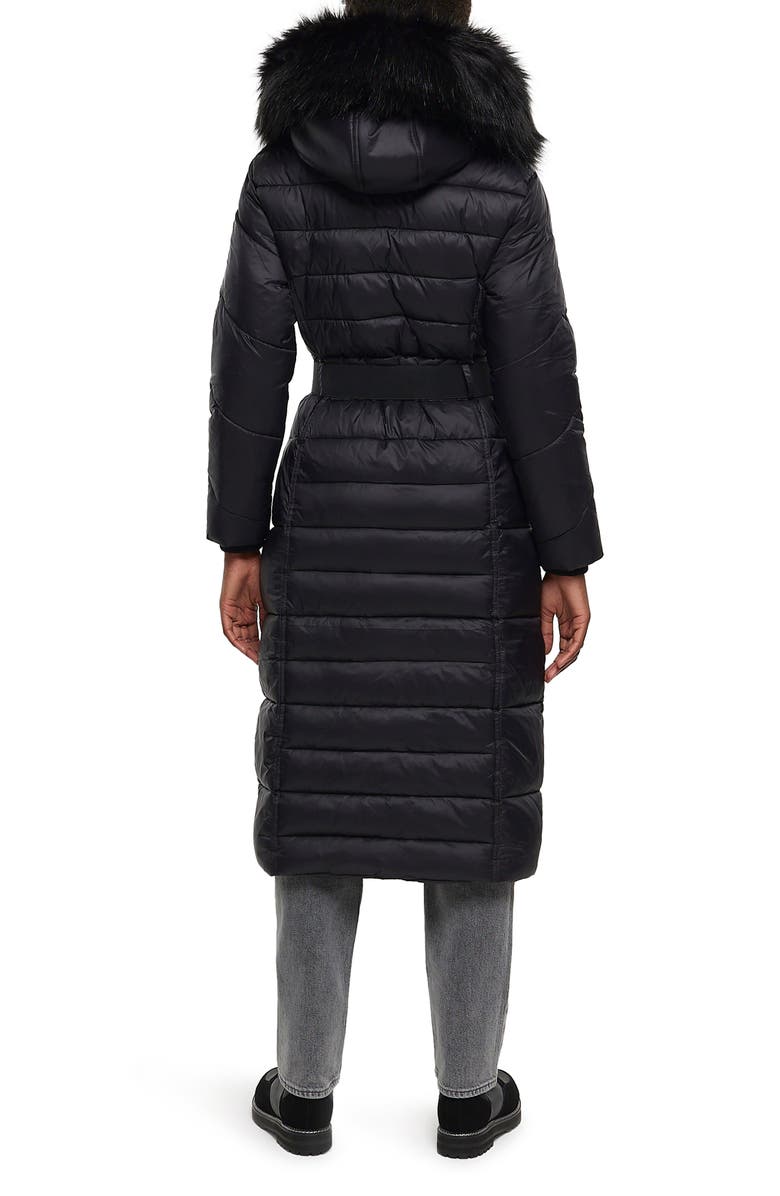 River Island Belted Longline Hooded Puffer Jacket with Removable Faux Fur Trim, Alternate, color, 